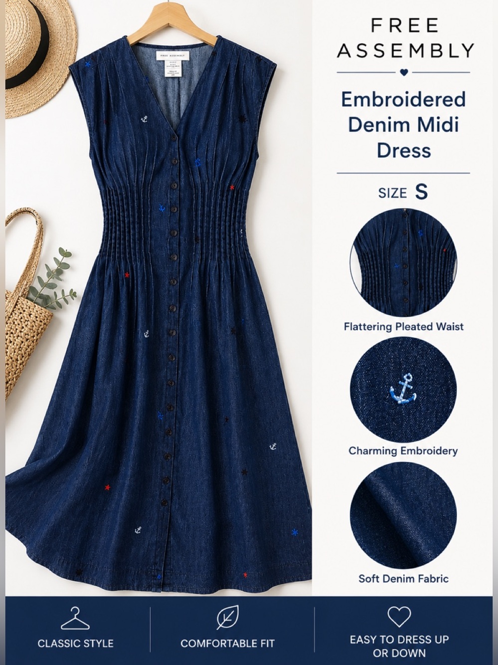 Free Assembly Embroidered Denim Midi Dress - Navy